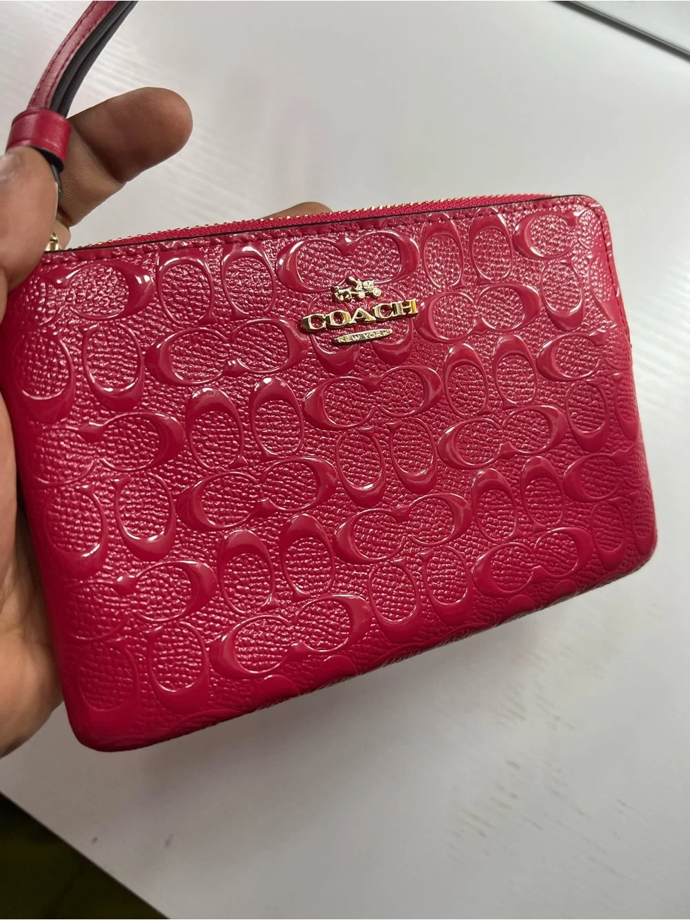 Coach HotPink Signature Patent Leather Wristlet